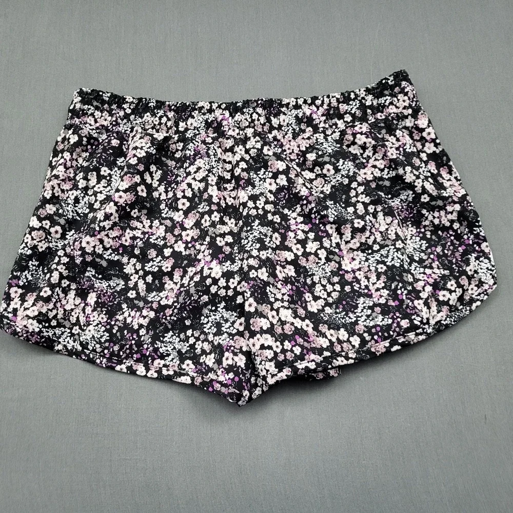 RBX‎ Womens Floral Active Shorts Black Purple White Size Medium Drawstring Liner